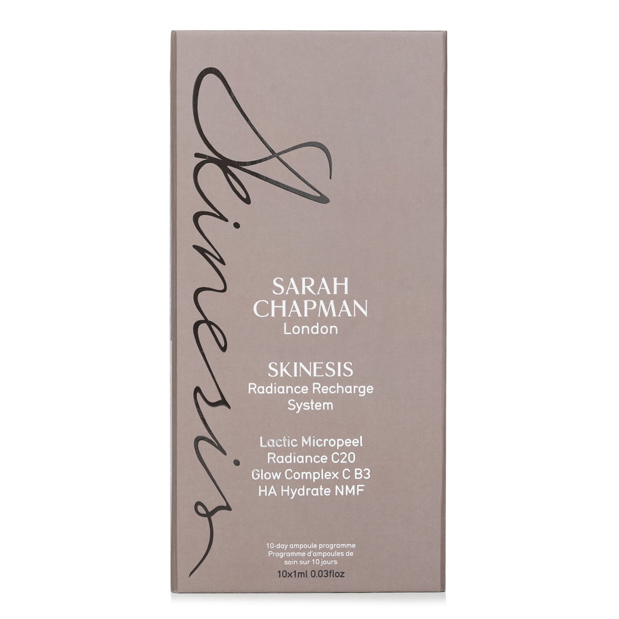 Sarah Chapman Skinesis Radiance Recharge System with 10 ultra-hydrating skincare shots for revitalizing dull skin.