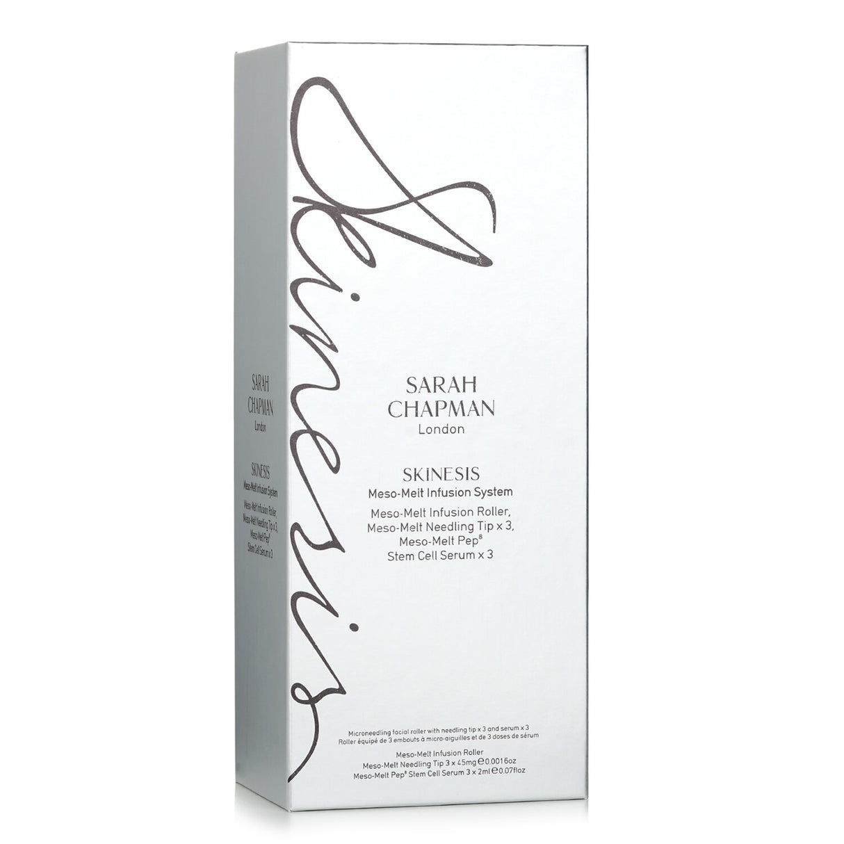 Sarah Chapman Skinesis Meso-Melt Infusion System featuring a roller, needling tips, and serums for radiant, rejuvenated skin.
