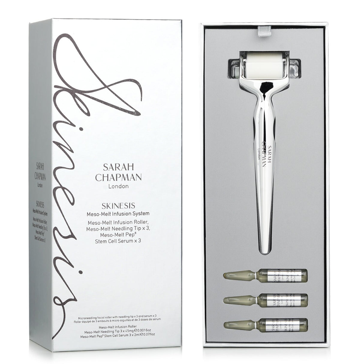 Sarah Chapman Skinesis Meso-Melt Infusion System: 7-piece micro-needling kit for rejuvenated, radiant skin with botanical serums.