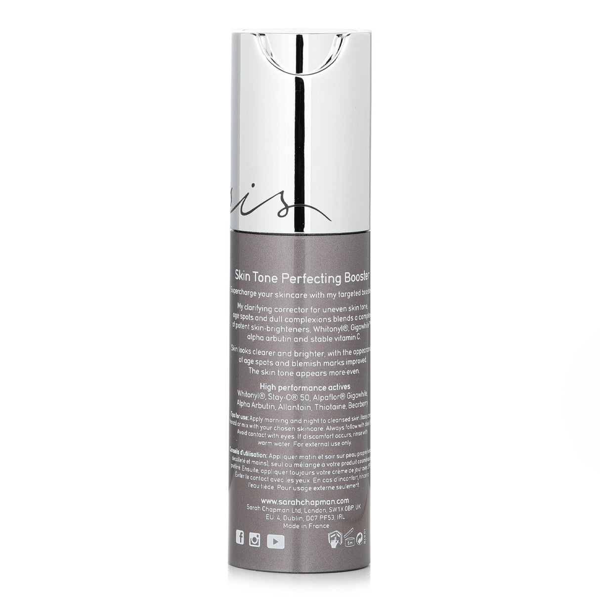 "Sarah Chapman Skin Tone Perfecting Booster serum in 30ml bottle, targeting uneven skin tone and pigmentation for a radiant complexion."