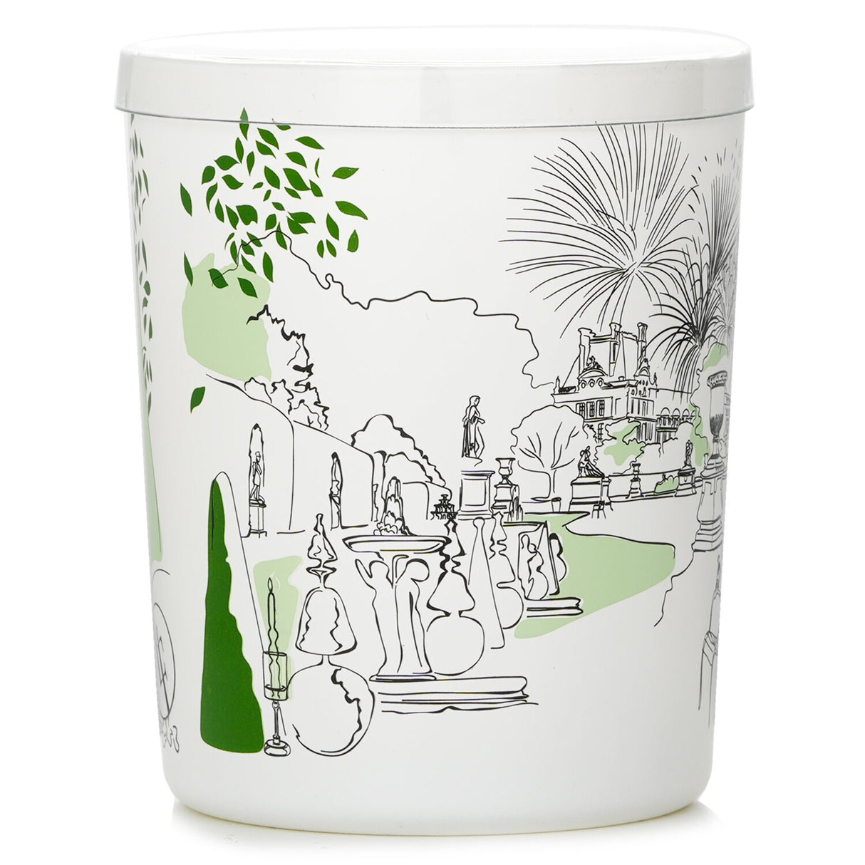 Elegant white glass candle with green, floral fragrance, evoking a serene French garden ambiance; 40-hour burn time.