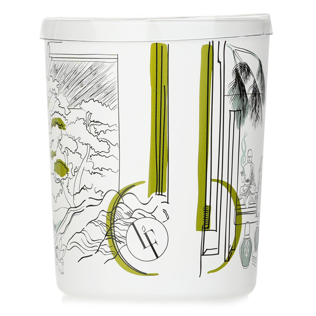 Elegant glass container holding a Zen Garden scented candle, featuring cherry blossoms and cedar notes for a calming ambiance.