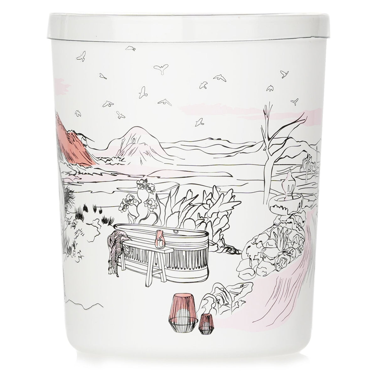 Desert Garden Scented Candle in a white glass jar, featuring cacti and coconut milk fragrance, burns for 40 hours.