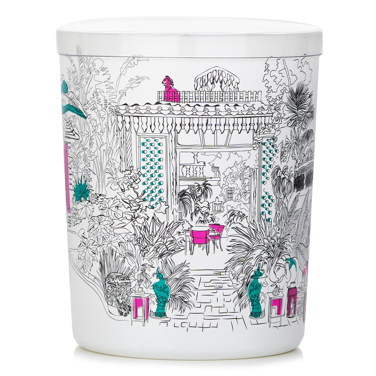 Exotic Garden Candle in white glass, featuring fruity gourmand scents, colorful garden sketches, and 40 hours of burn time.