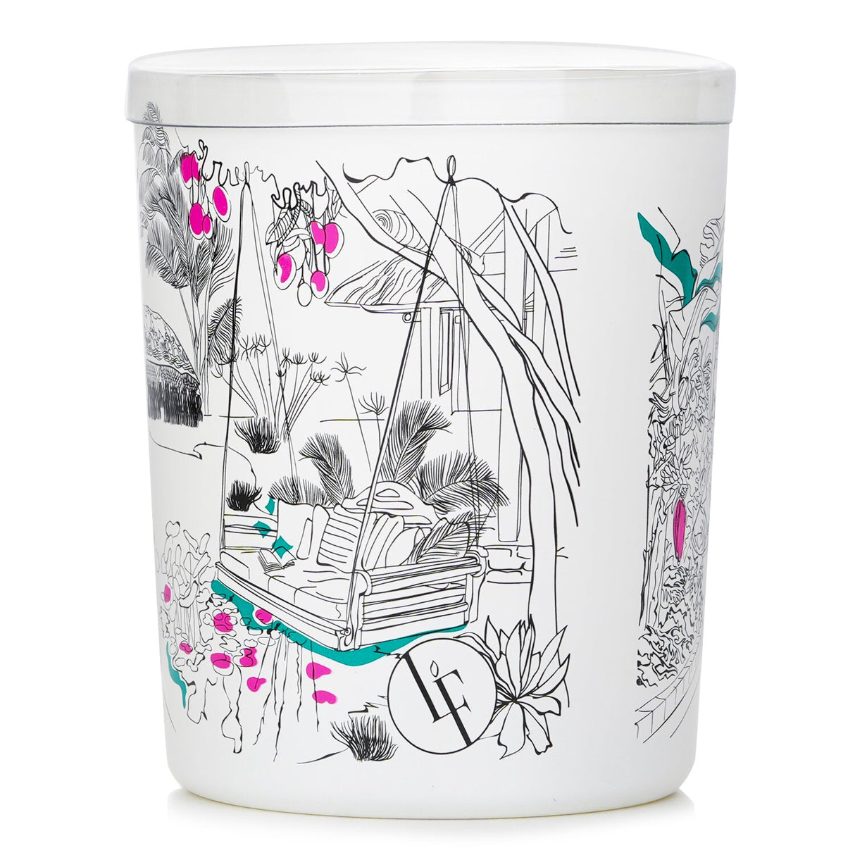 Exotic Garden Candle in white glass, offers a tropical fruity scent blend for a relaxing ambiance, burn time 40 hours.
