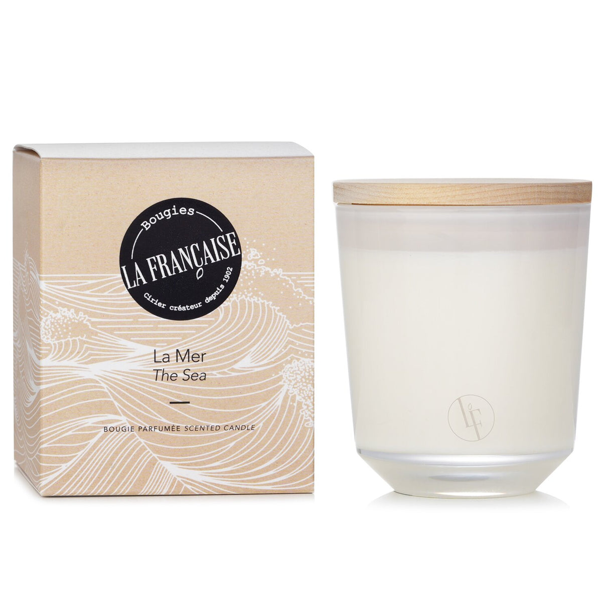 Stylish white glass candle with wooden lid, featuring eco-friendly marine scent and 40-hour burn time.