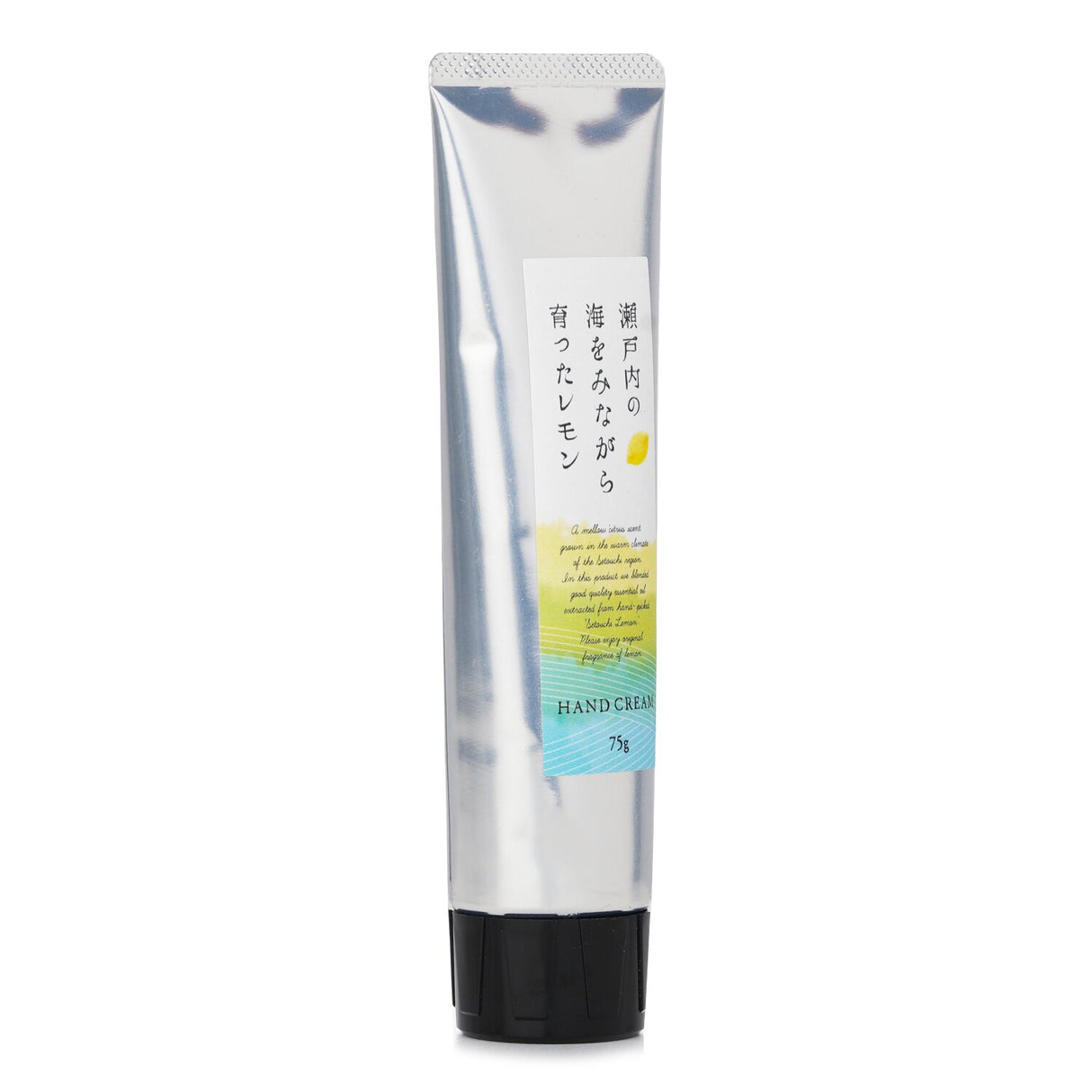 Hand cream in a 75g tube featuring Setouchi lemon essence, enriched with olive oil and shea butter for silky, hydrated hands.