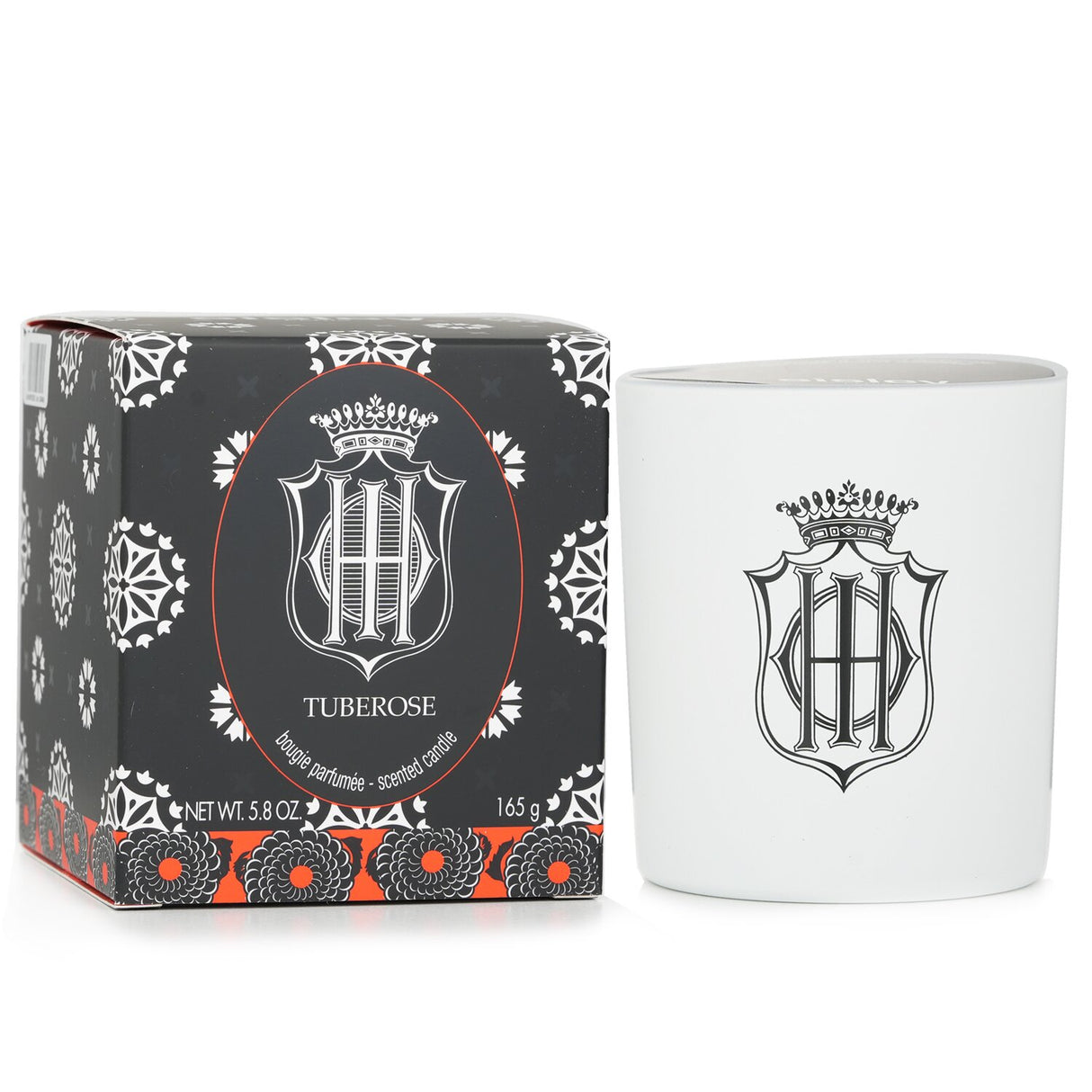 Luxurious Sisley Tuberose Candle in matte white glass, featuring a powdery Tuberose fragrance with vanilla notes and 45-hour burn time.