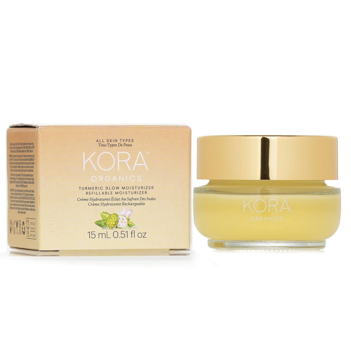 Miniature Kora Organics Turmeric Glow Moisturizer in 15ml, featuring a vegan formula for radiant, hydrated skin.