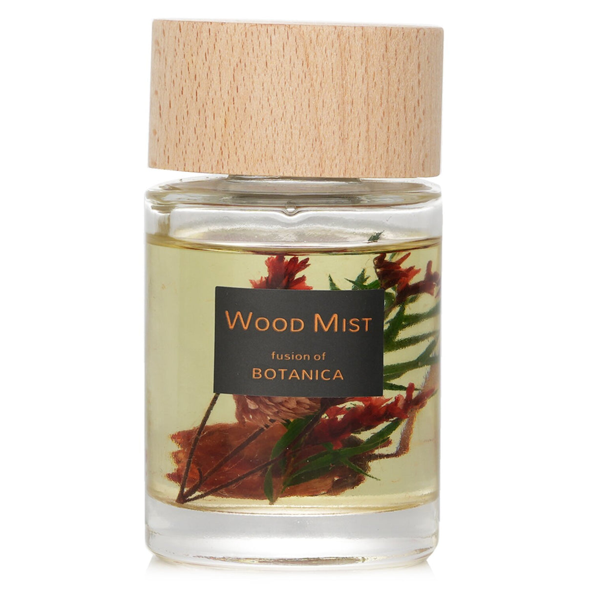 Botanica Wood Mist Reed Diffuser in Rose, 60ml, features a transparent bottle with plants and a rustic wooden lid for elegant decor.