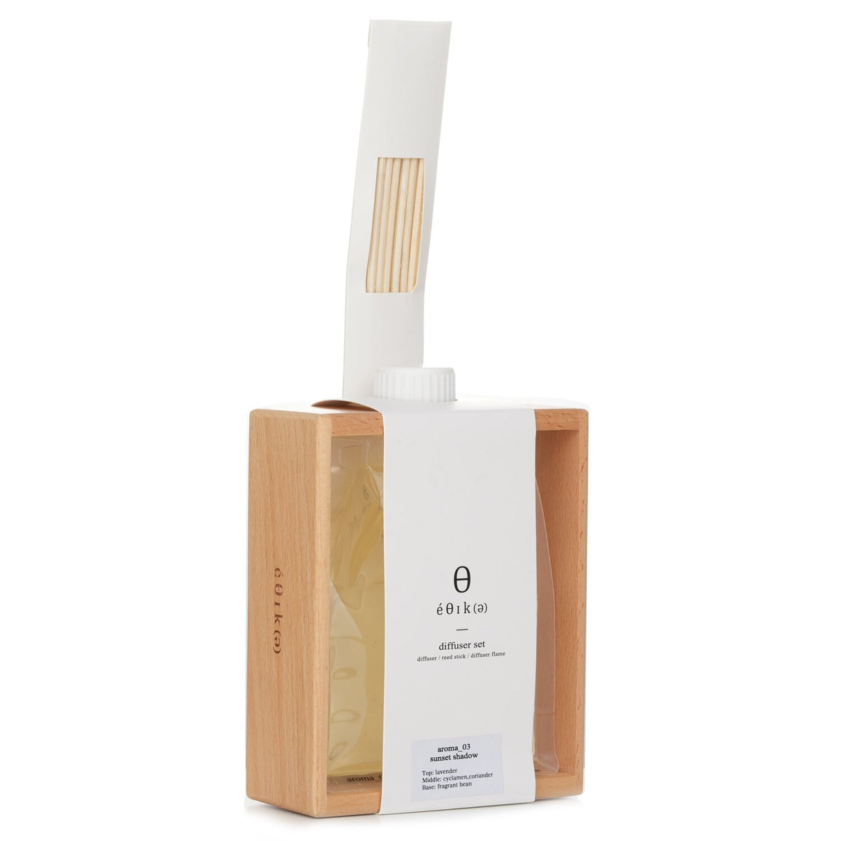 Elegant reed diffuser set with 270ml aromatic oil and wooden stand, featuring Sunset Shadow fragrance for a luxurious ambiance.