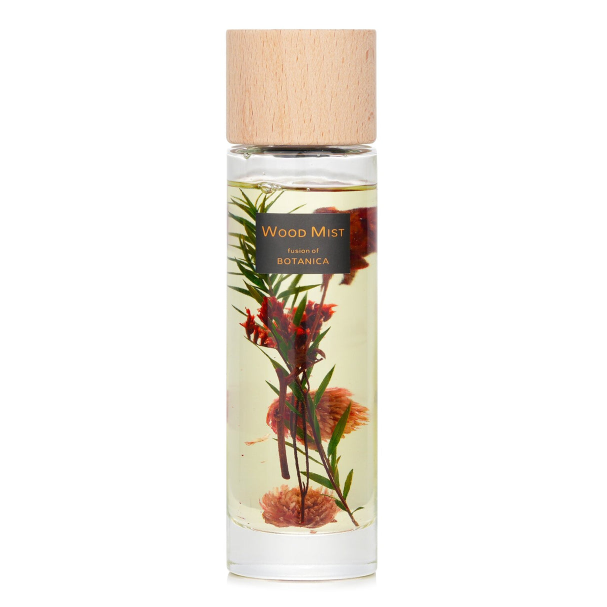 Botanica Wood Mist Reed Diffuser in Rose, 110ml, elegant transparent bottle with natural plants and wooden lid, eco-friendly fragrance.