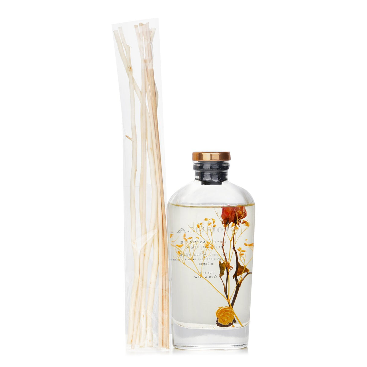 Elegant Botanica Reed Diffuser in Rose with a blend of soothing scents, housed in a stylish transparent bottle.