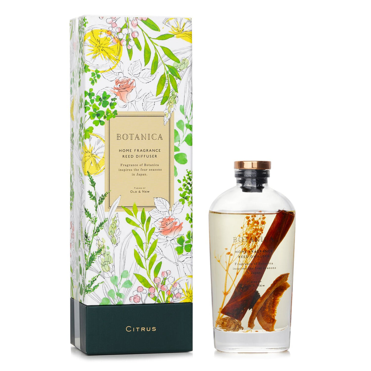 Botanica Citrus Reed Diffuser in a sleek bottle, showcasing natural plants, offers vibrant aromatherapy for 1.5 months.