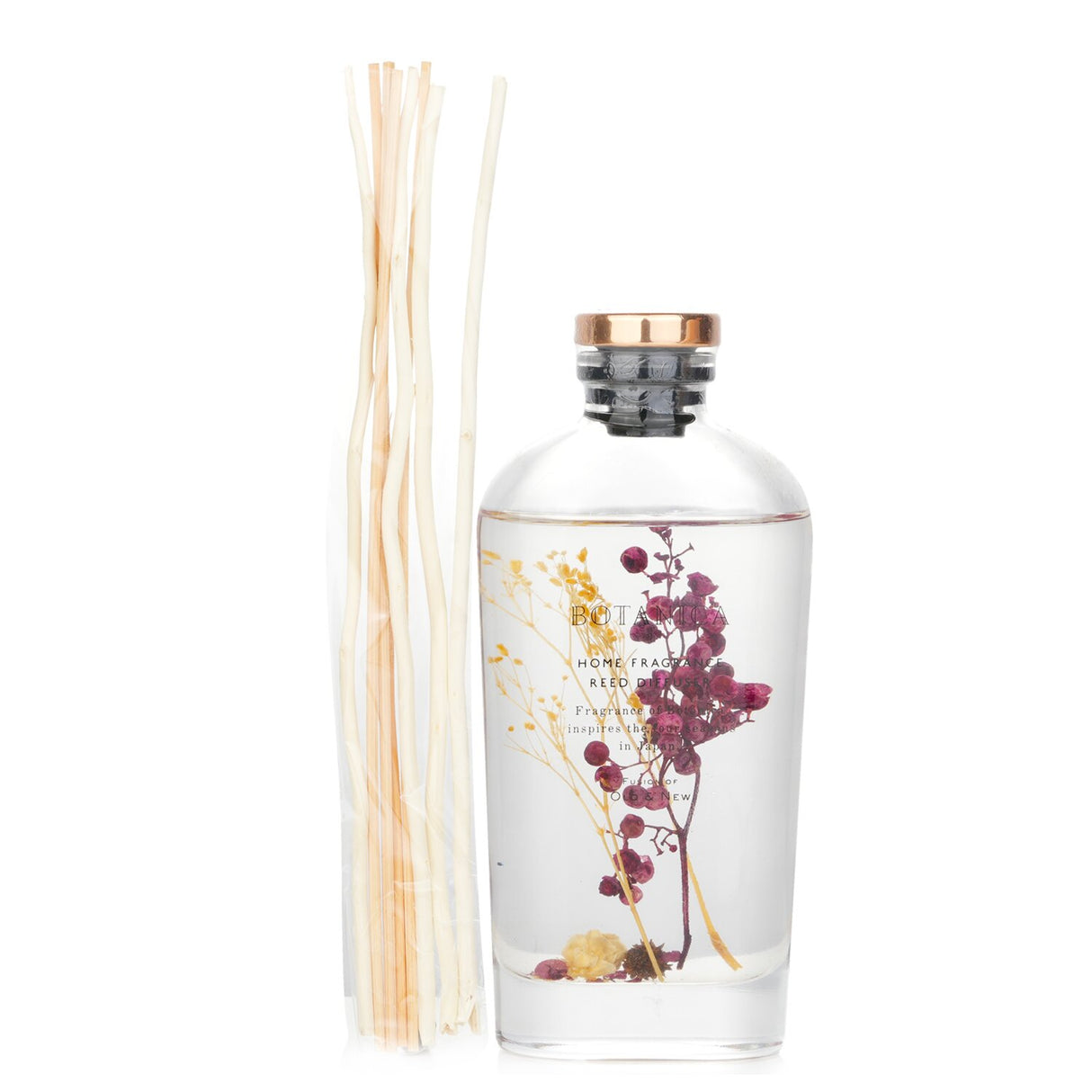 Botanica Berry Reed Diffuser in a transparent bottle, featuring vibrant botanicals and a soothing aroma for home decor.