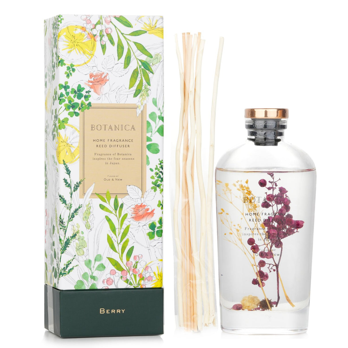 Botanica reed diffuser in Berry, 170ml, showcasing vibrant botanicals and offering a soothing blackberry and grapefruit scent.