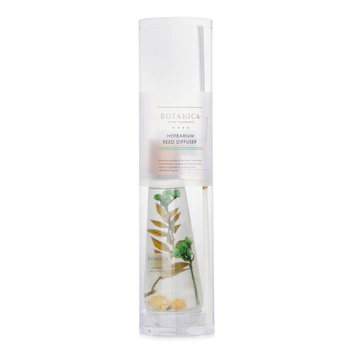 Elegant green herbal reed diffuser in pyramid bottle, infusing spaces with fresh fragrance and lasting ambience.