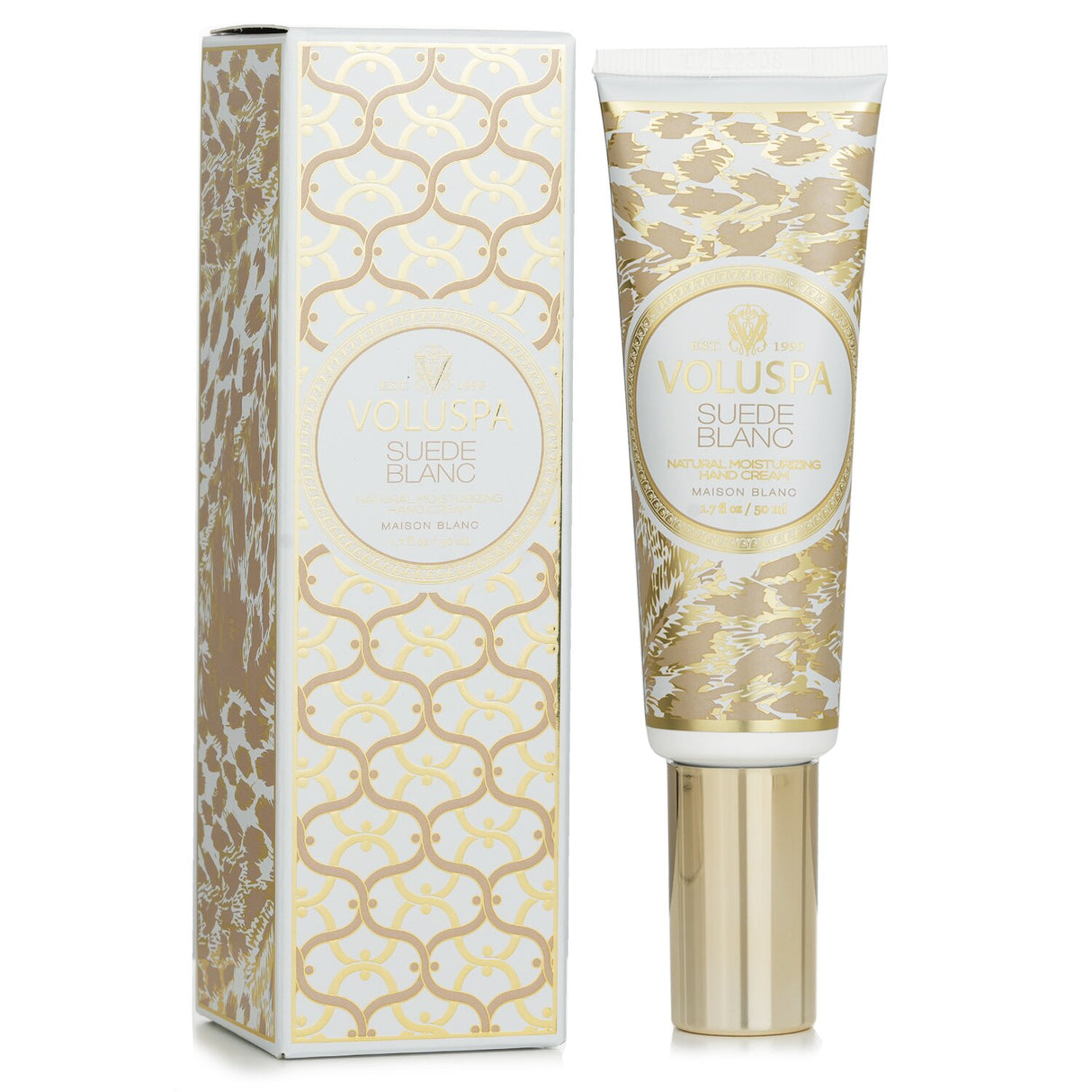 Luxurious 50ml hand cream with Buttery Sueded Leather, Amber, and Cedar, enriched with natural oils for moisturizing benefits.