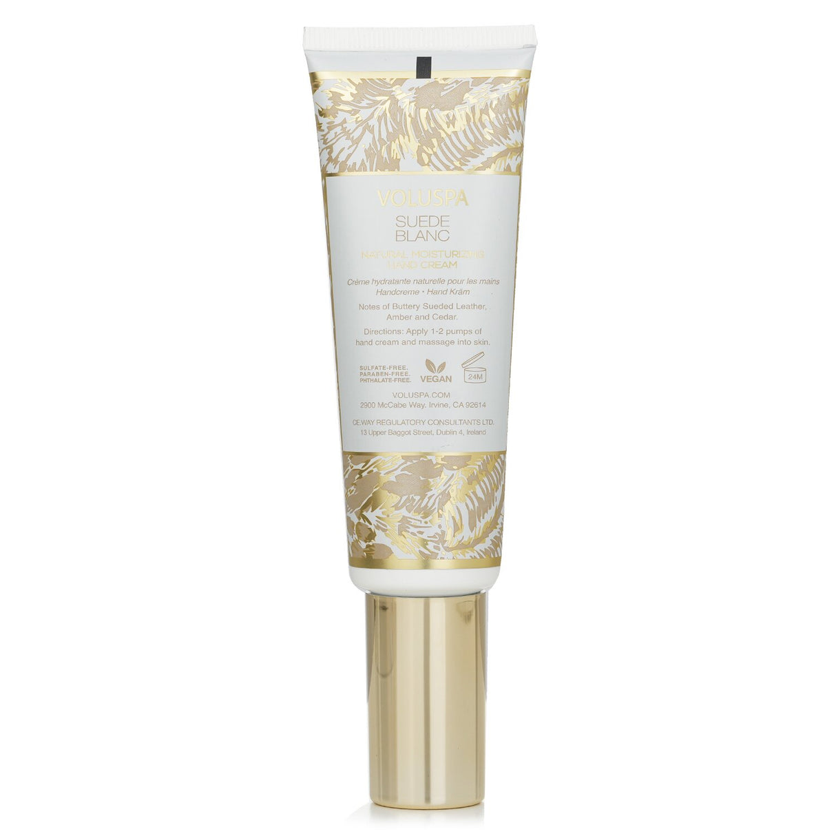 Voluspa Suede Blanc Hand Cream in 50ml, infused with Buttery Sueded Leather, Amber, and Cedar, offers luxurious hydration.