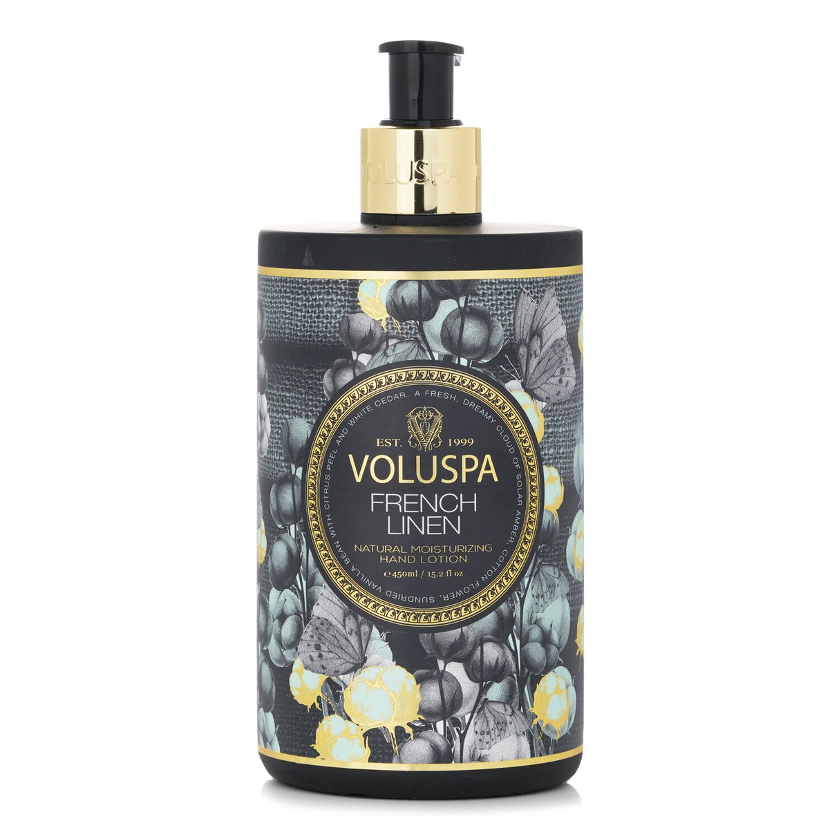 Voluspa French Linen Hand Lotion in frosted bottle, rich in Coconut Water, offers luxurious moisture and soothing scent.