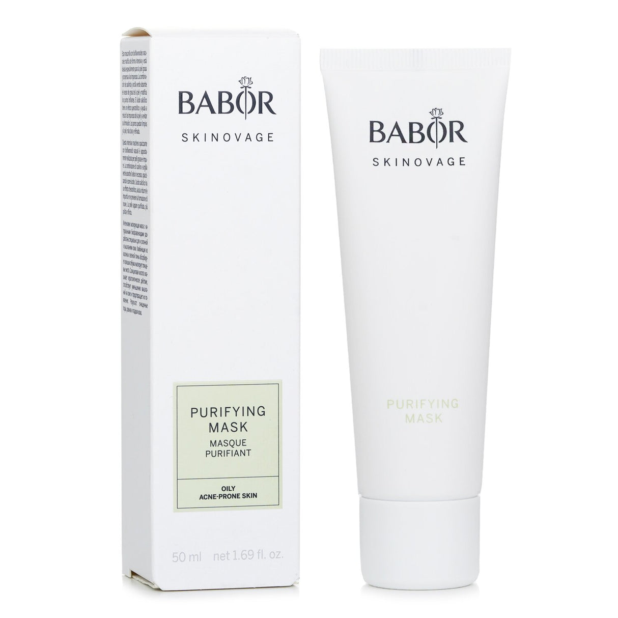 Babor Skinovage Purifying Mask for oily, acne-prone skin in a 50ml tube, promoting clarity and hydration while combating blemishes.