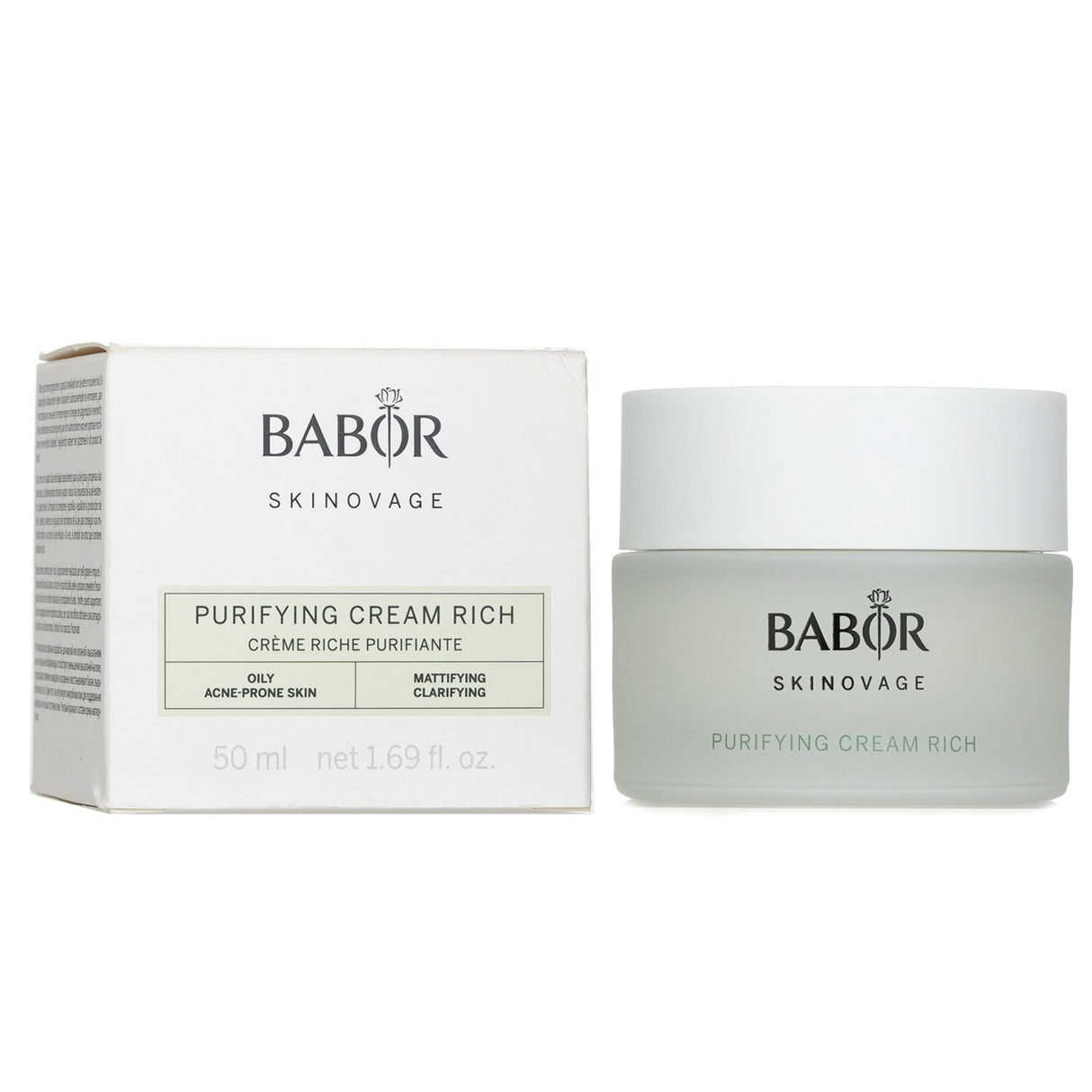 Babor Skinovage Purifying Cream Rich in a jar, designed for oily skin, balances oil, reduces blemishes, and hydrates effectively.