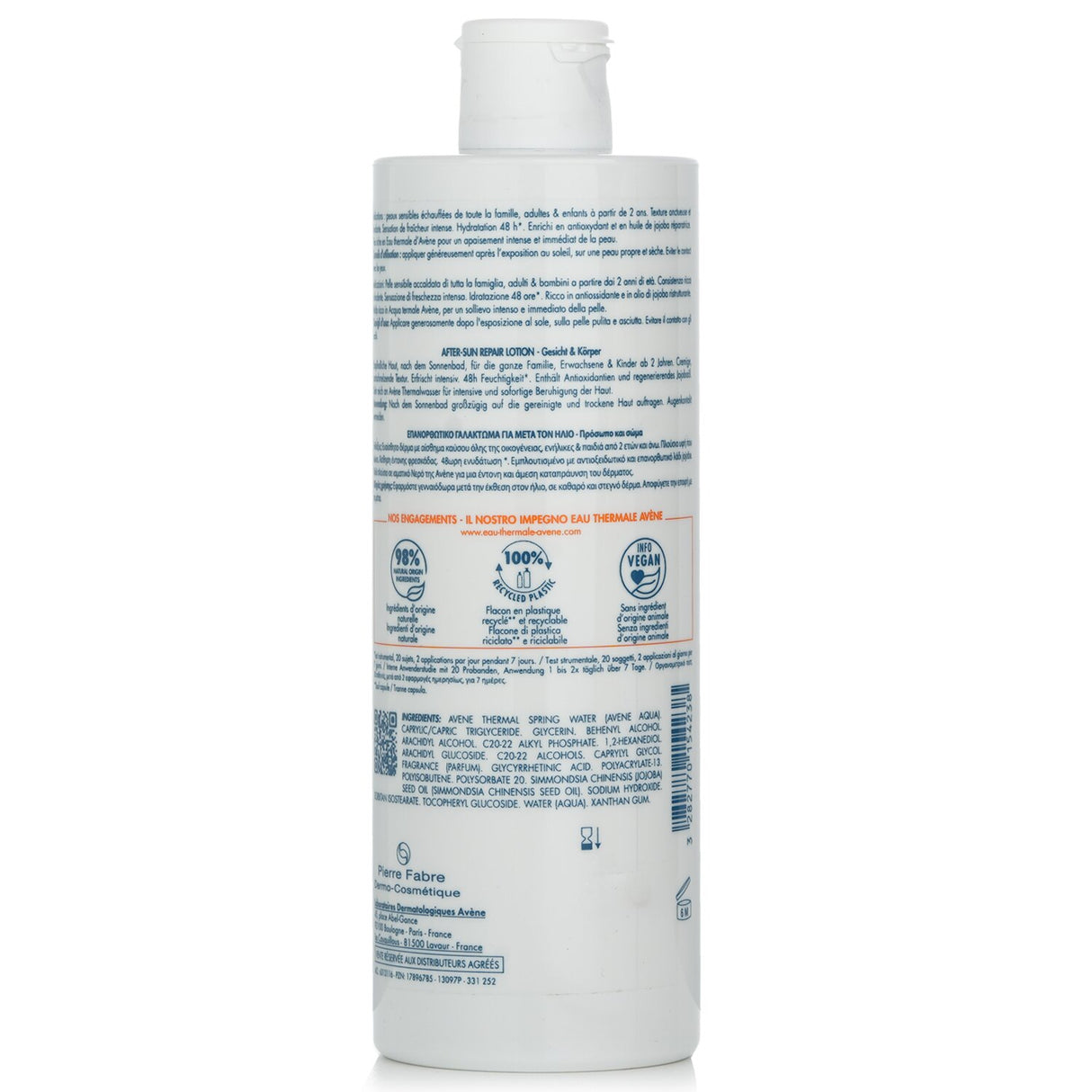 Avene After-Sun Repair Lotion in a 400ml bottle, designed to soothe and hydrate post-sun exposure for all skin types.