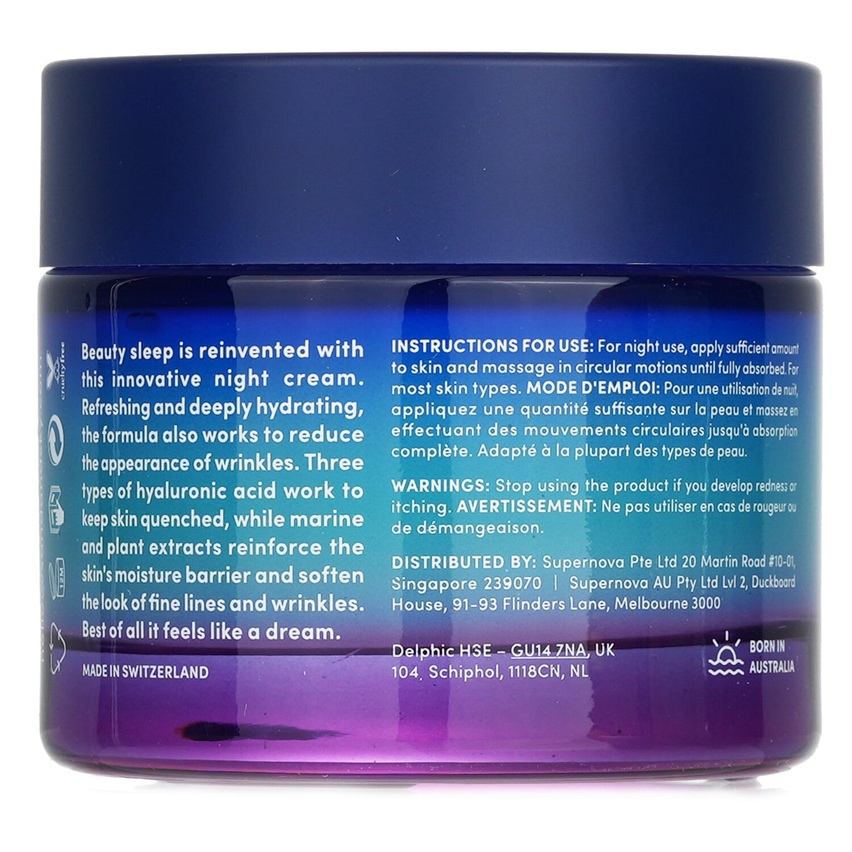 Hydrating night cream with Tasmanian Spring Water and Hyaluronic Acid for smoother, radiant skin.