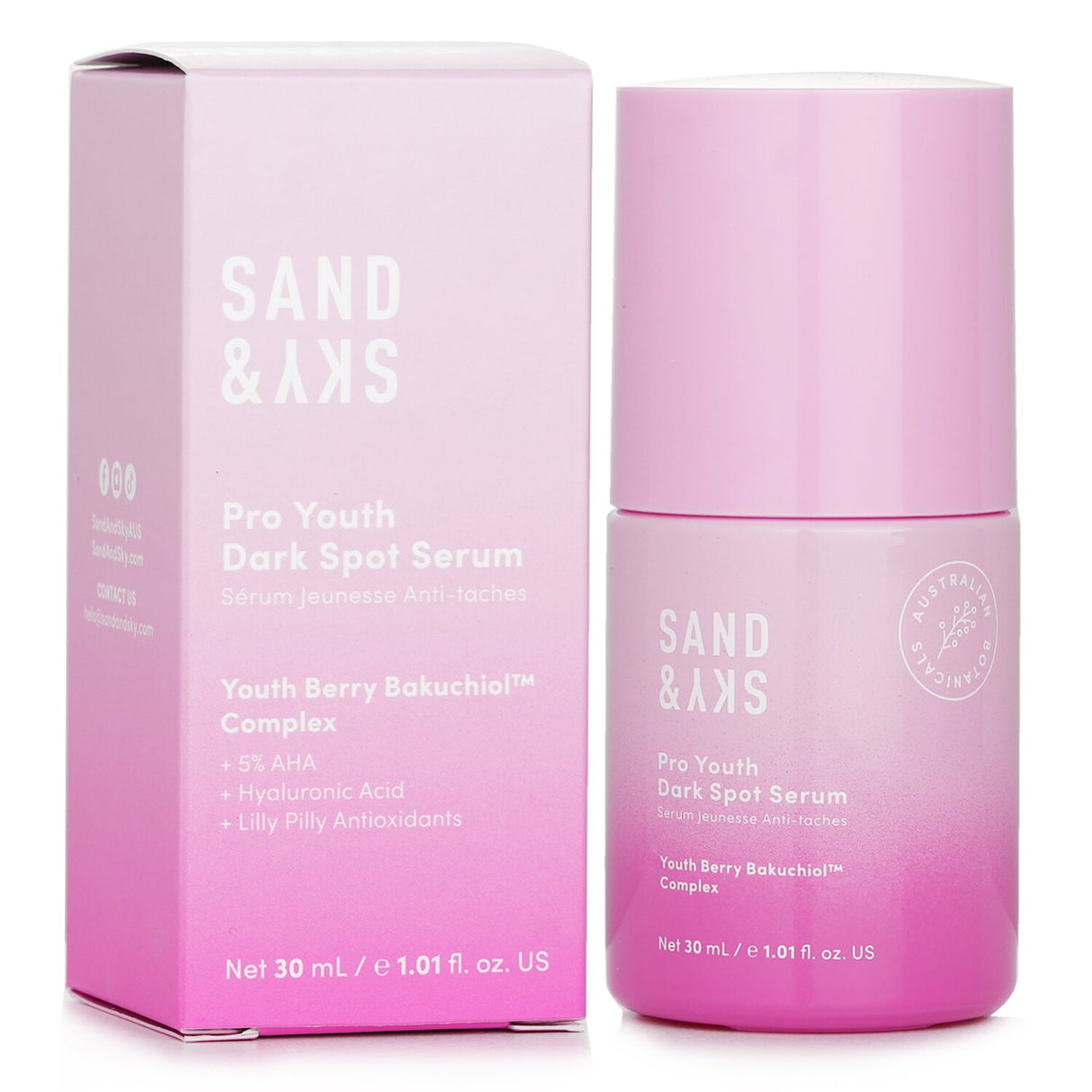 Transformative Sand & Sky Pro Youth Dark Spot Serum, featuring Bakuchiol and Lilly Pilly for brightening and even skin tone.
