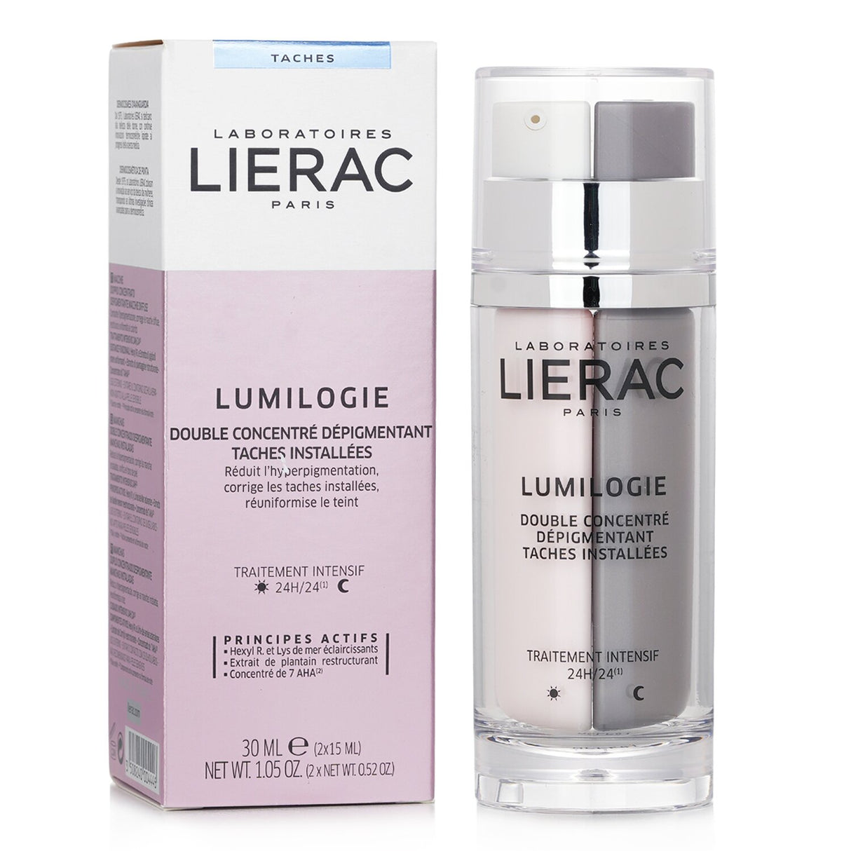 Lierac Lumilogie Double Concentrate, a 30ml anti-dark spot serum with day and night formulas for a radiant complexion.
