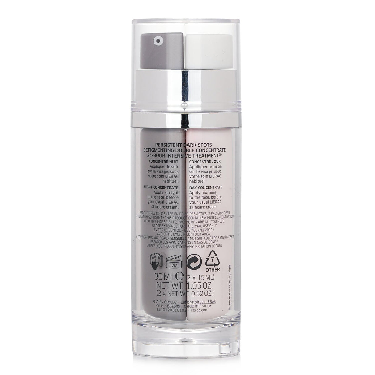 Lierac Lumilogie 30ml serum for day & night, targeting dark spots with dual formulas for radiant, even-toned skin.