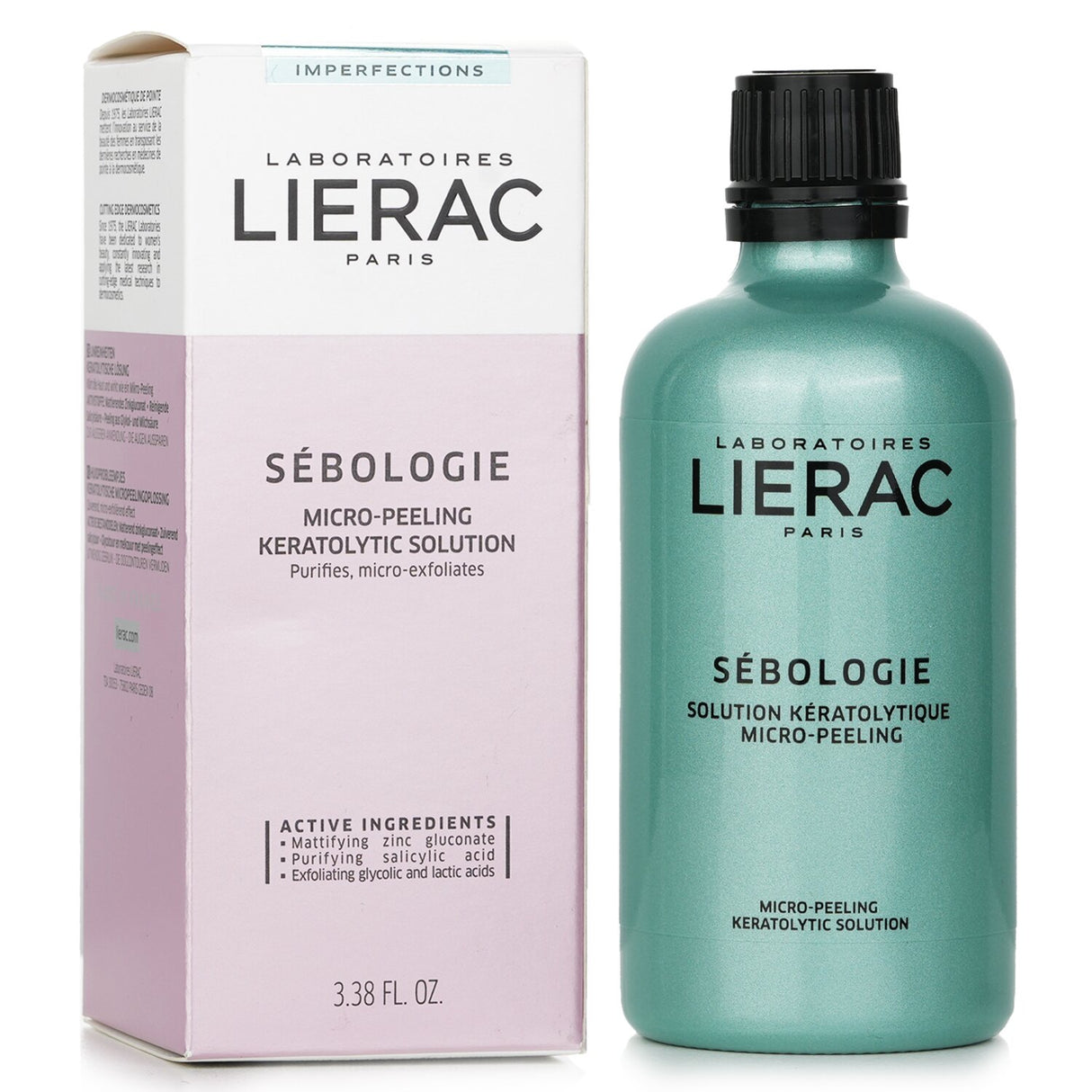 Lierac Micro-Peeling Solution in a 100ml bottle, designed to reduce blemishes and improve oily skin texture.