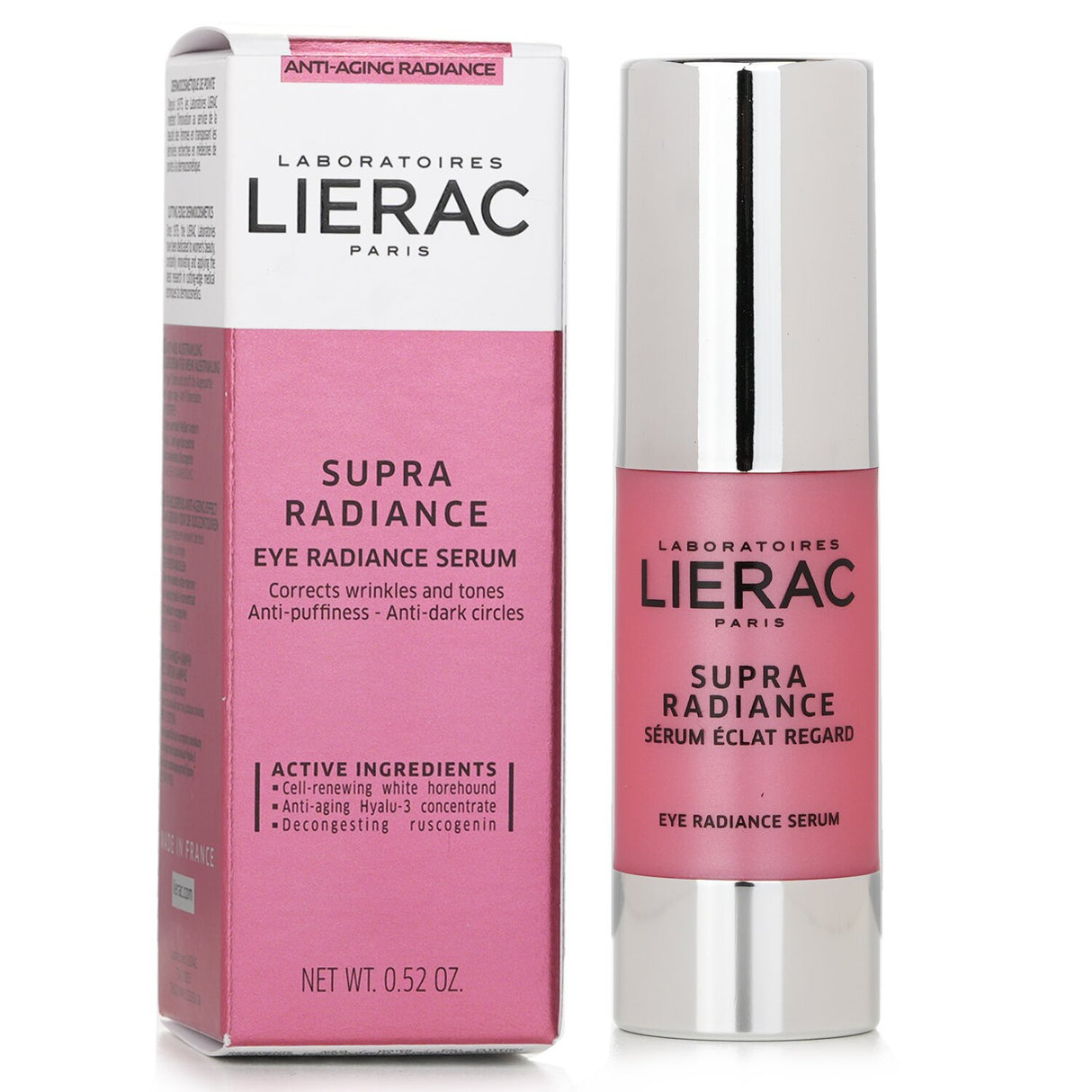 Lierac Supra Radiance Eye Serum in a 15ml bottle, targeting fatigue, dark circles, and puffiness for bright, youthful eyes.