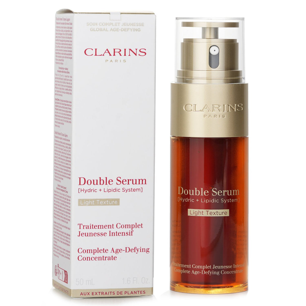 Lightweight Clarins Double Serum (50 ml) enhances skin's radiance, smoothness, and firmness with 21 plant extracts.