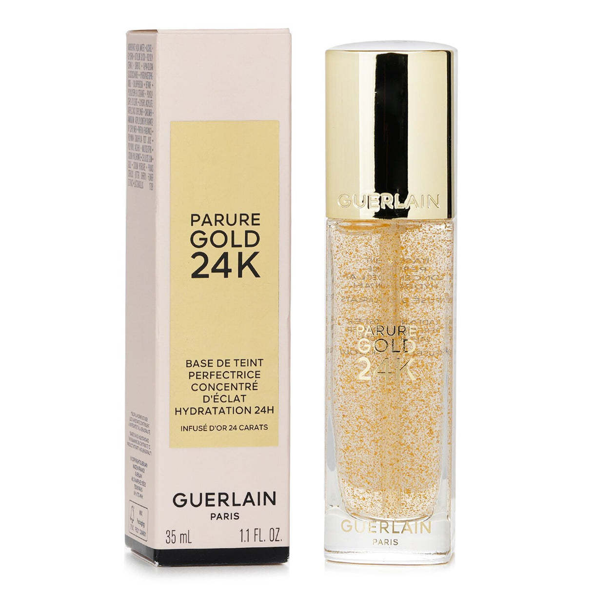 Luxurious Guerlain Parure Gold primer in a jewel-like bottle enhances radiance, hydrates for 24 hours, and smooths skin texture.
