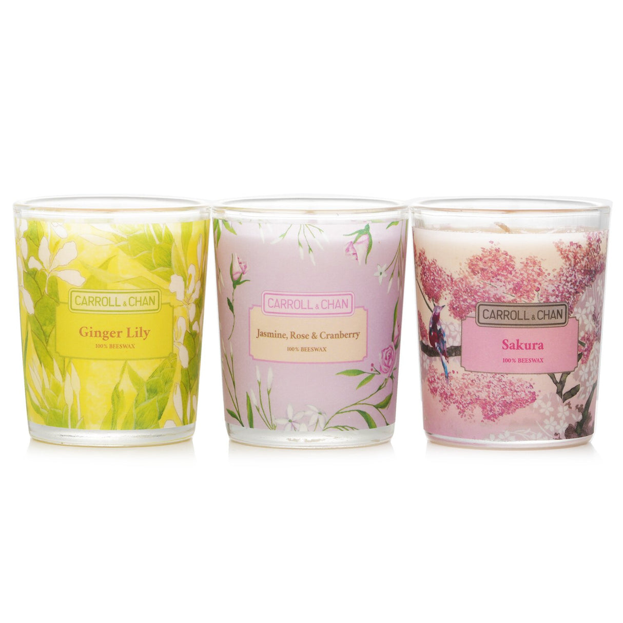 Carroll & Chan 3 Votive Set features natural beeswax candles in Sakura, Jasmine, and Rose & Cranberry scents in recycled jars.