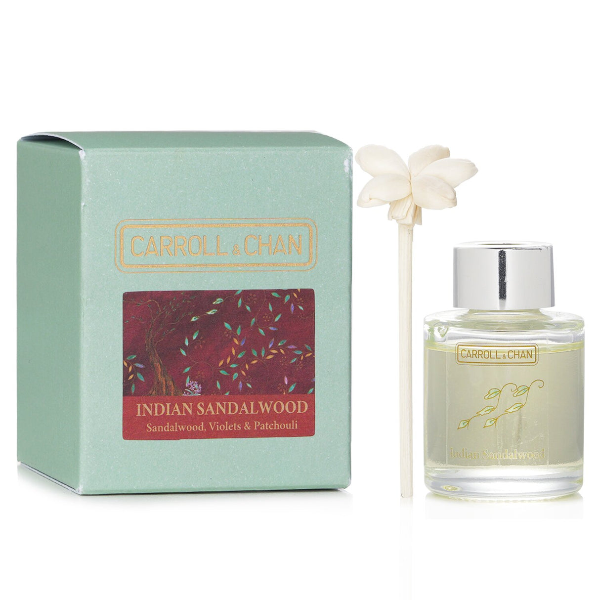 Mini diffuser featuring Indian Sandalwood, violets, and patchouli; elegantly designed with natural sola wood flowers.