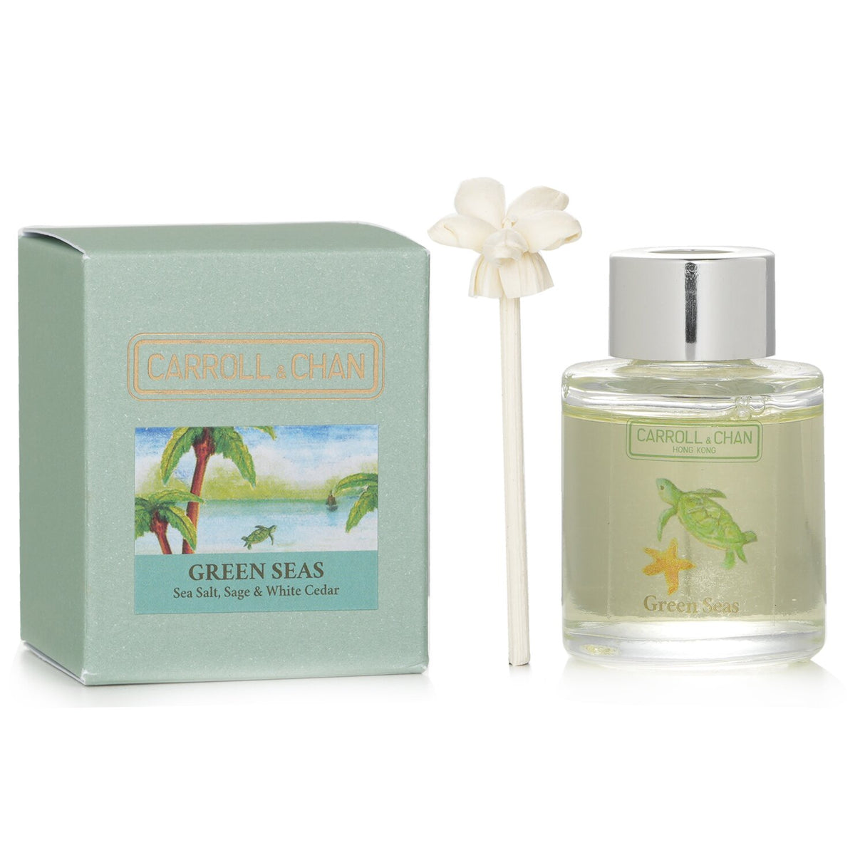 Mini diffuser labeled "Green Seas," featuring sea salt, sage, and white cedar scents in a stylish eco-friendly box.