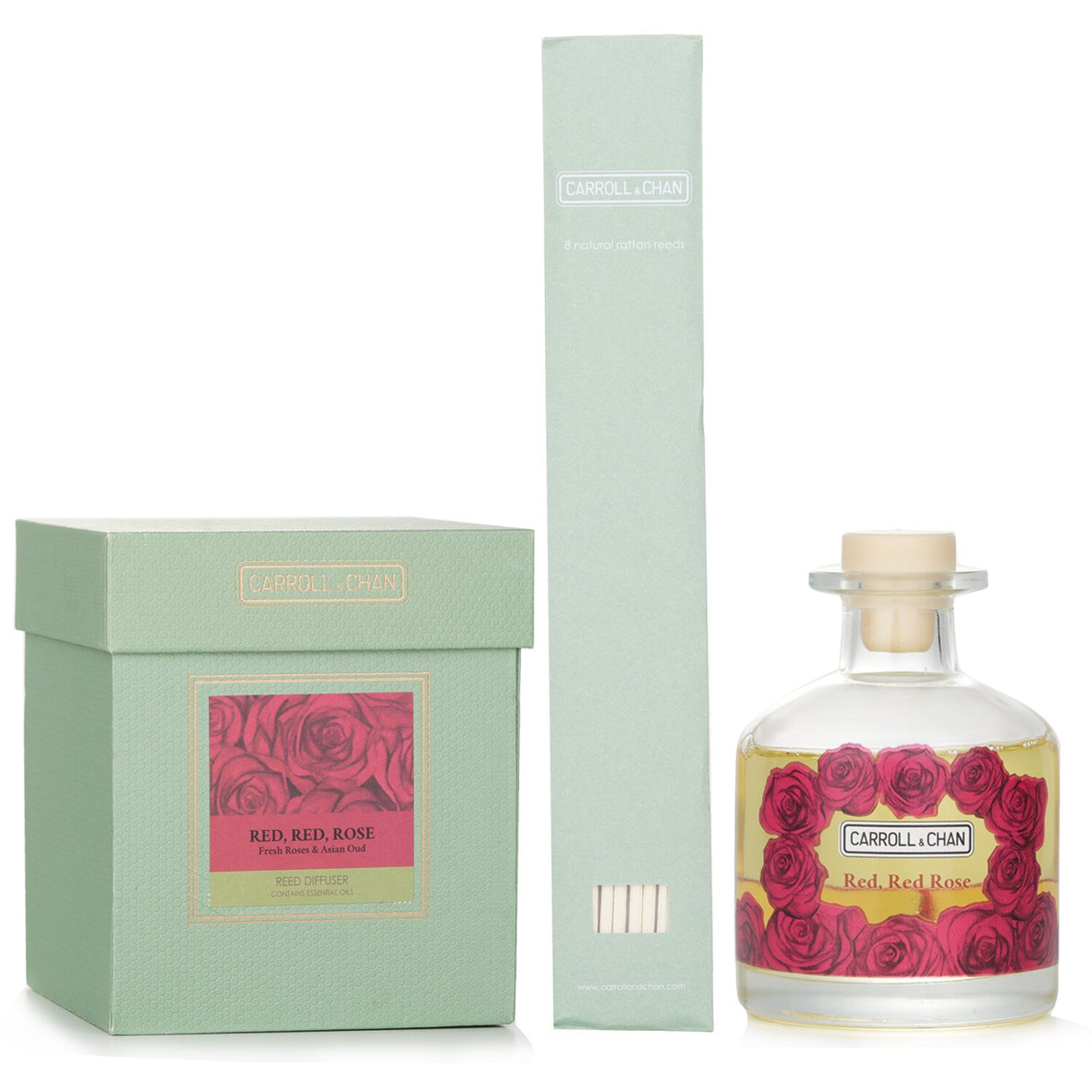 Elegant reed diffuser in red, blending fresh rose and Asian oud scents for a luxurious, long-lasting home fragrance.