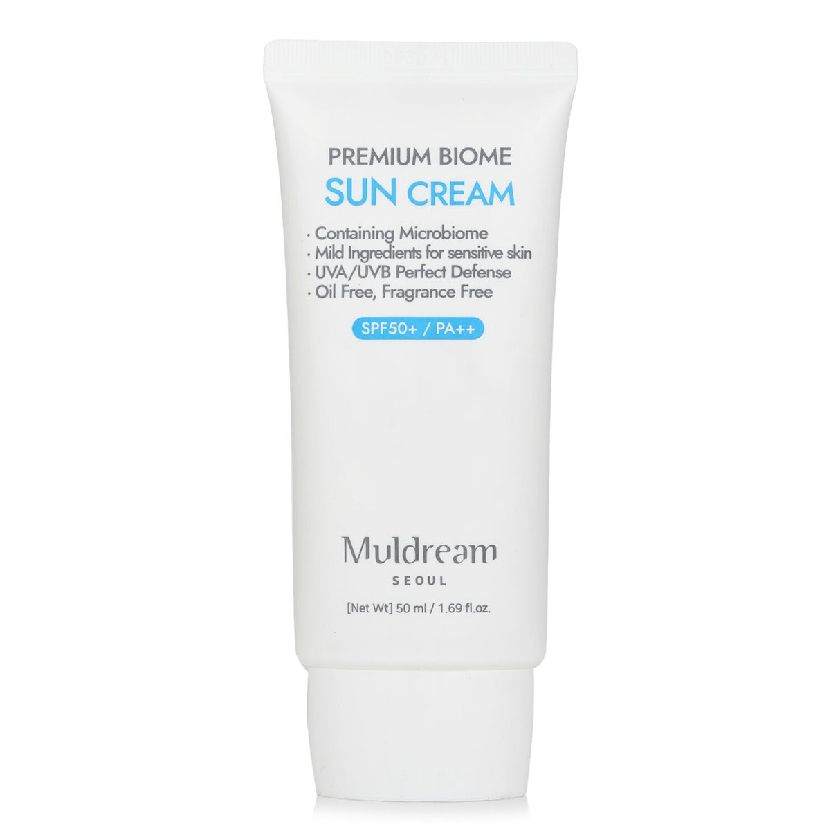 Muldream Premium Biome Sun Cream SPF50+/PA++ in a 50ml bottle, vegan, hypoallergenic, for all skin types with non-greasy formula.