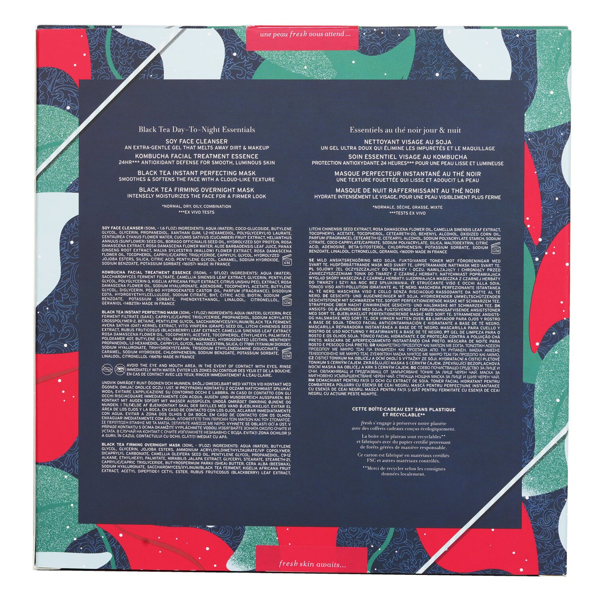 Fresh Black Tea Set featuring Soy Face Cleanser, Kombucha Essence, Instant Perfecting Mask, and Firming Overnight Mask for radiant skin.