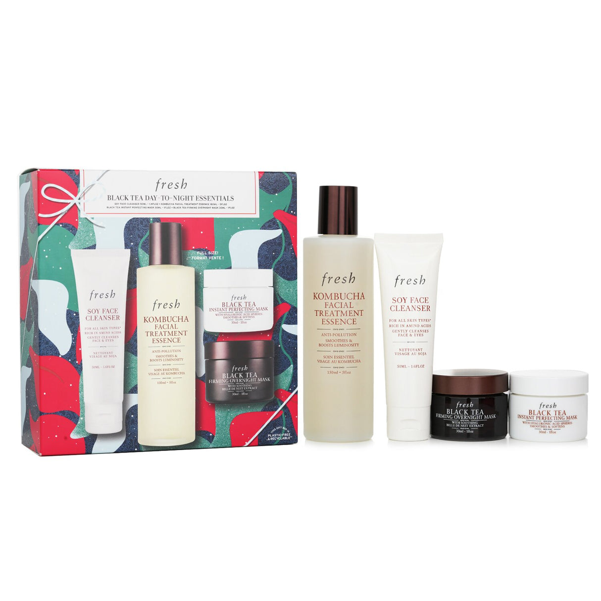 Fresh Black Tea Set includes Soy Face Cleanser, Kombucha Essence, Instant Perfecting Mask, and Firming Overnight Mask for radiant skin.