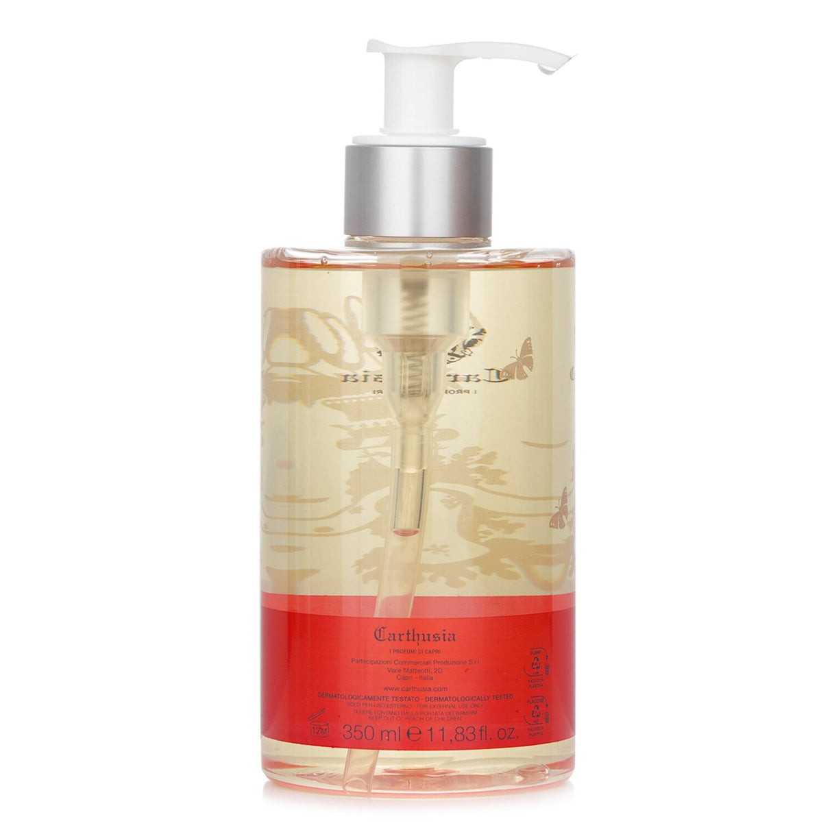 Luxurious Carthusia Corallium Liquid Soap in a 350ml bottle, enriched with aloe and a spicy, woody fragrance for gentle care.