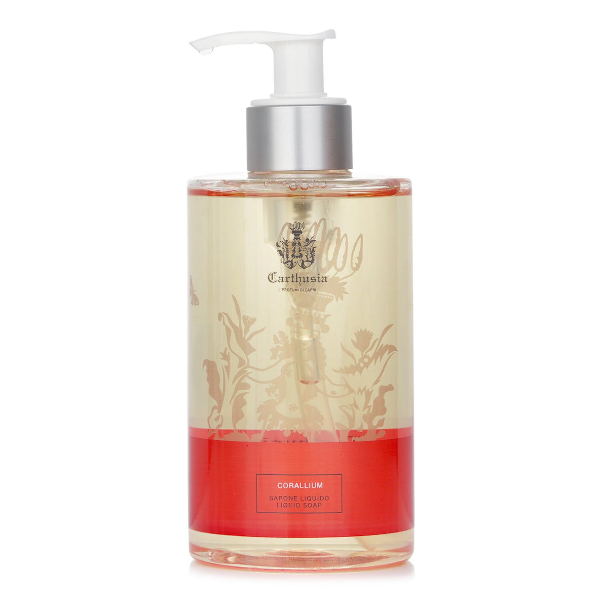 Luxurious 350ml Carthusia Corallium Liquid Soap with aloe, nourishing formula, spicy woody fragrance for soft, clean hands.