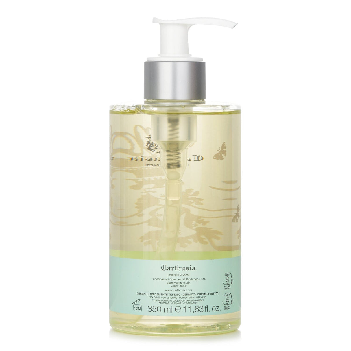 Carthusia Via Camerelle Liquid Soap in a 350ml bottle, features aloe for hydration and a refreshing citrus-floral fragrance.