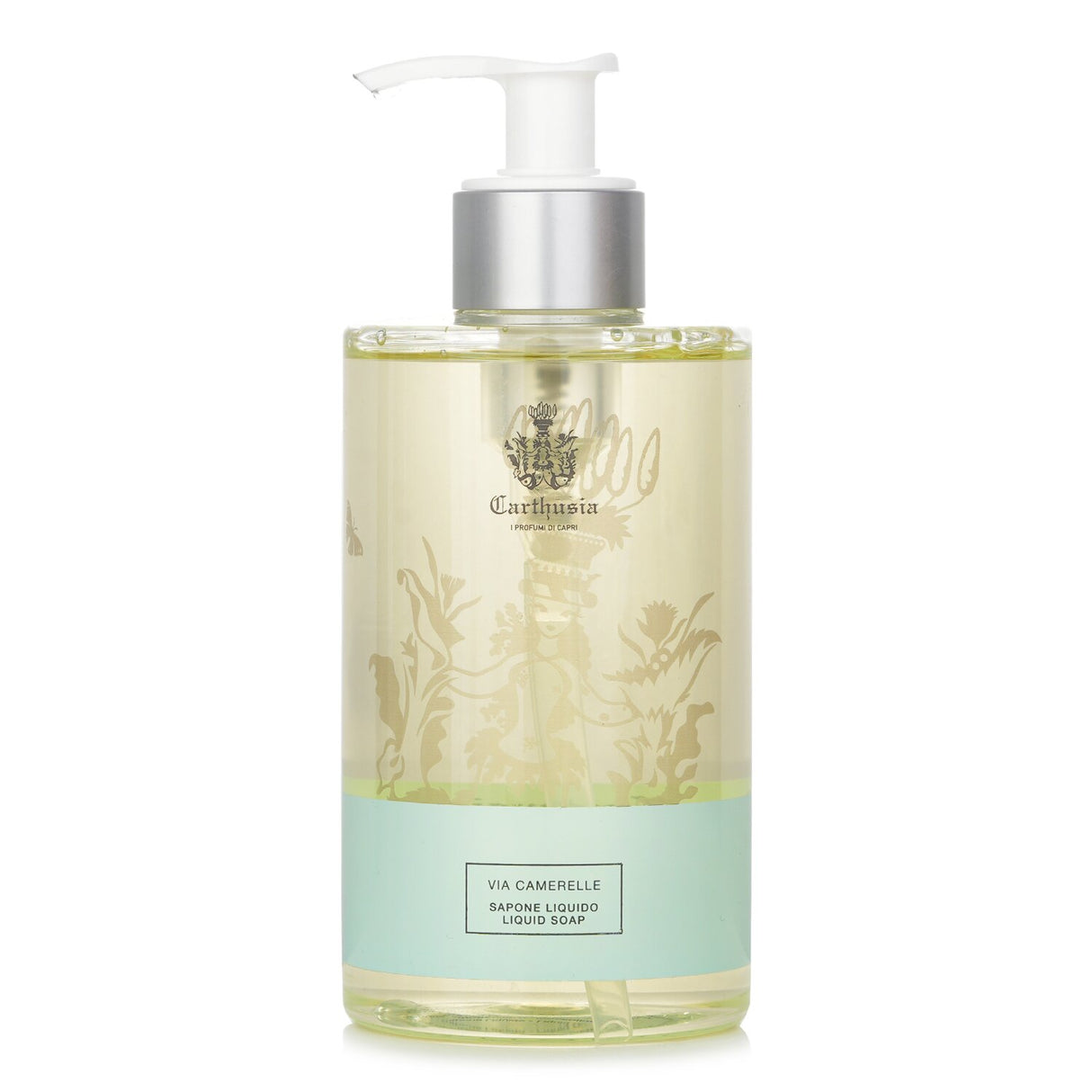 Carthusia Via Camerelle Liquid Soap in a 350ml bottle, features aloe and betaine for gentle, fragrant hand care.