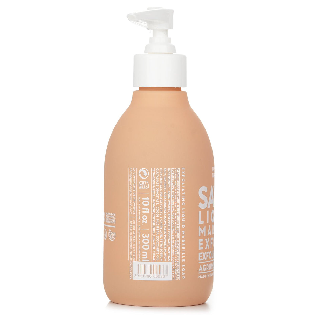 Exfoliating Liquid Marseille Soap with olive seed granules, 300ml, offers a citrus musky fragrance for radiant, soft skin.