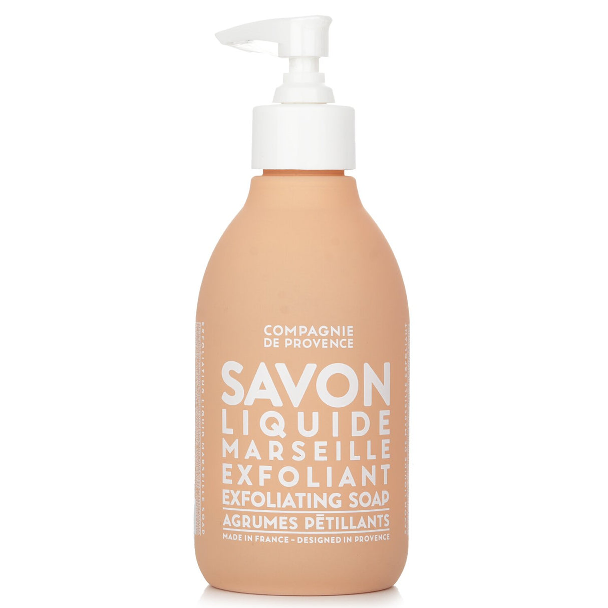 Exfoliating Liquid Marseille Soap in a 300ml bottle, featuring natural ingredients and a citrus musky fragrance for radiant skin.