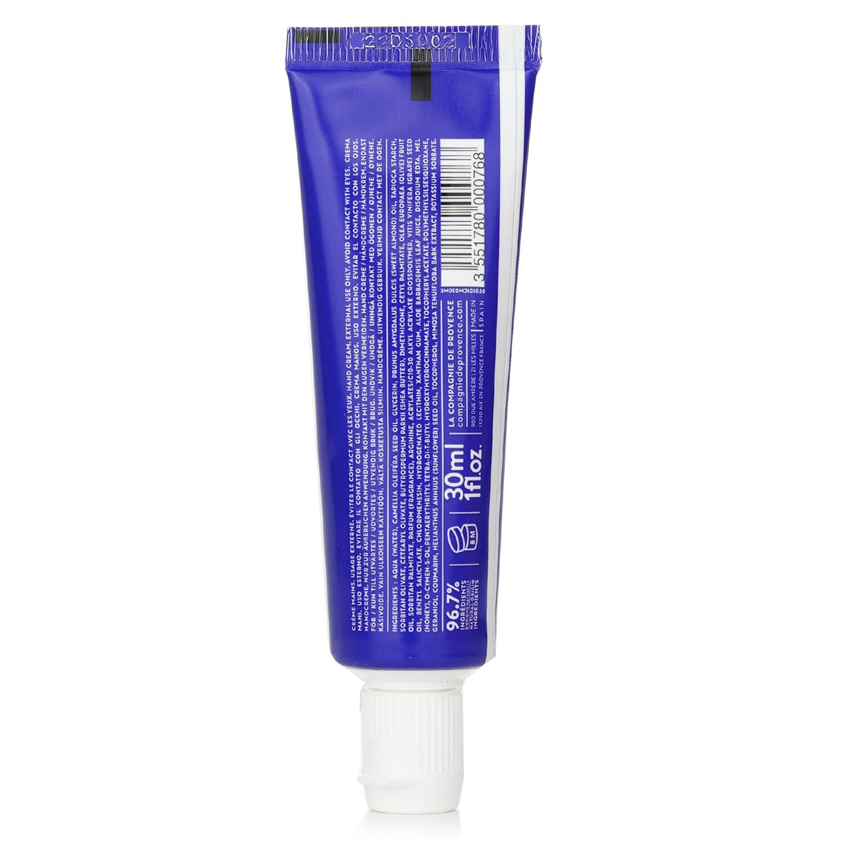 Hydrating 30ml hand cream with botanical oils, non-greasy texture, and Mediterranean scent for soft, protected hands.