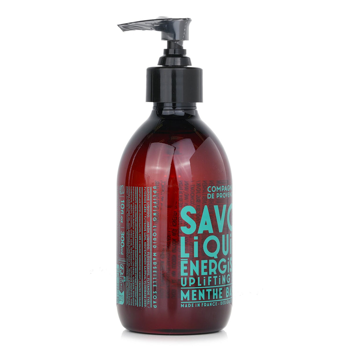 Vegan-friendly 300ml liquid Marseille soap with mint and basil, offering luxurious cleansing and moisturizing benefits.
